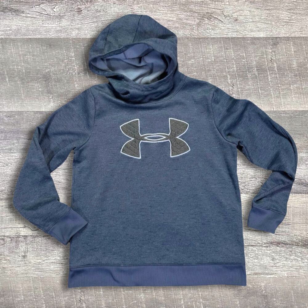 Under Armour Cold Gear Pullover Hoodie Womens L Big Logo Navy Blue Sweatshirt
